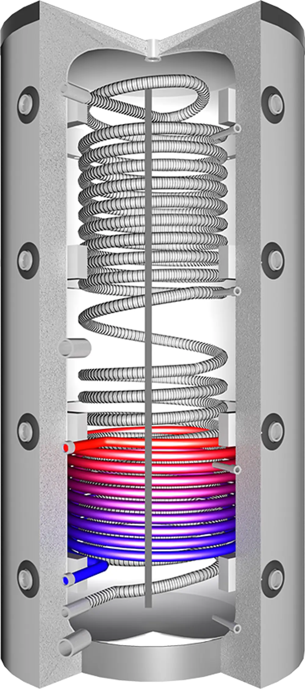 Hygienespeicher von Juratherm mit spiralförmigen Rohren, dargestellt in einem vertikalen, zylindrischen Design, zur Warmwasserbereitung und Speicherung.